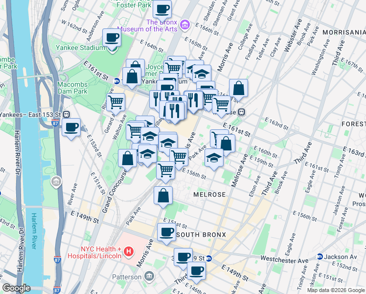 map of restaurants, bars, coffee shops, grocery stores, and more near 779 Concourse Village East in The Bronx