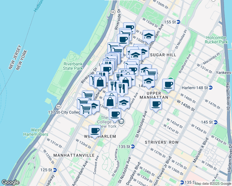 map of restaurants, bars, coffee shops, grocery stores, and more near 511 West 142nd Street in New York