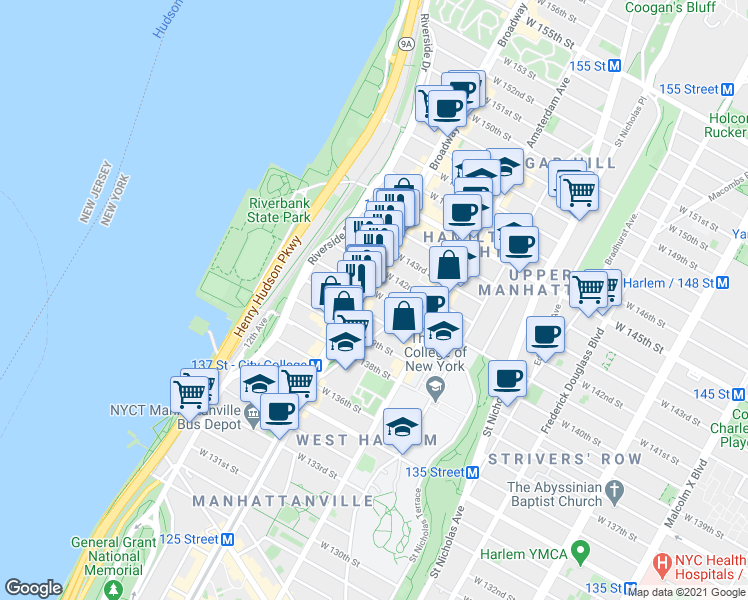 map of restaurants, bars, coffee shops, grocery stores, and more near in New York