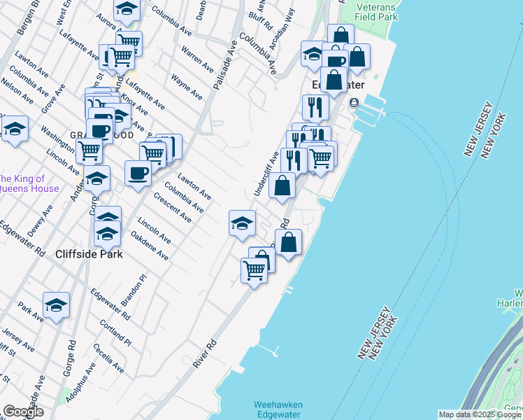 map of restaurants, bars, coffee shops, grocery stores, and more near 12 Edgewater Place in Edgewater