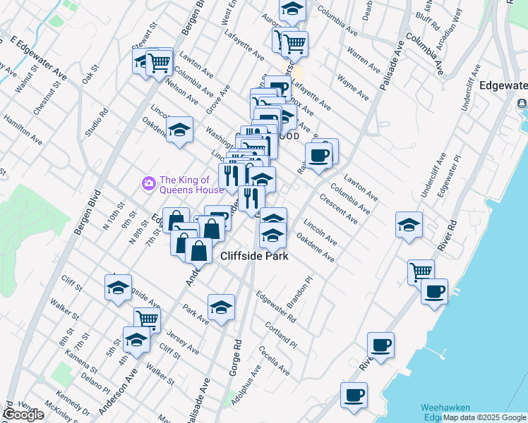 map of restaurants, bars, coffee shops, grocery stores, and more near in Cliffside Park