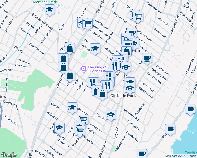 map of restaurants, bars, coffee shops, grocery stores, and more near 540 Oregon Avenue in Cliffside Park