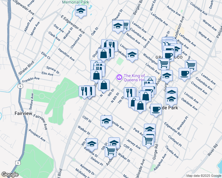 map of restaurants, bars, coffee shops, grocery stores, and more near 445 Edgewater Road in Cliffside Park