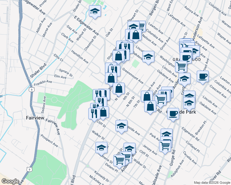 map of restaurants, bars, coffee shops, grocery stores, and more near 501 Ridgefield Terrace in Ridgefield