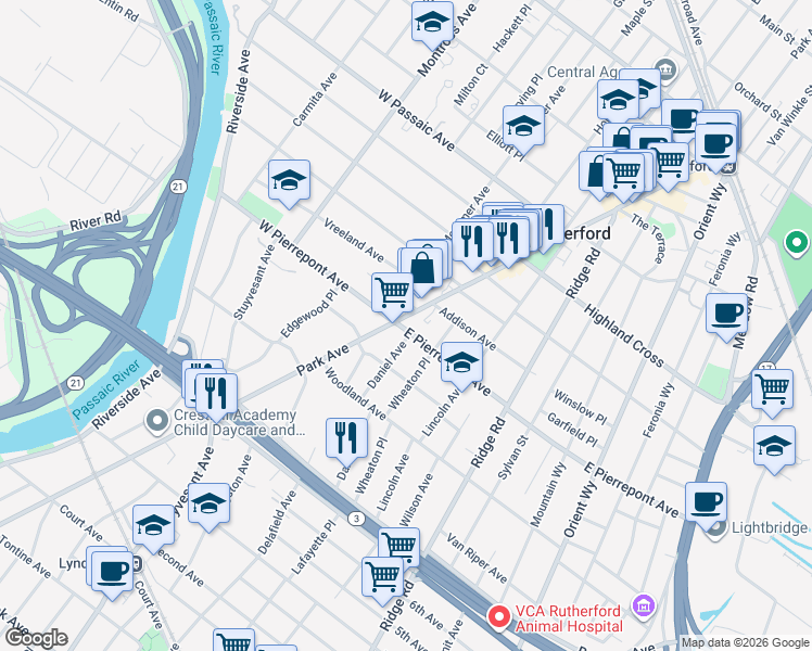 map of restaurants, bars, coffee shops, grocery stores, and more near 298 Park Avenue in Rutherford