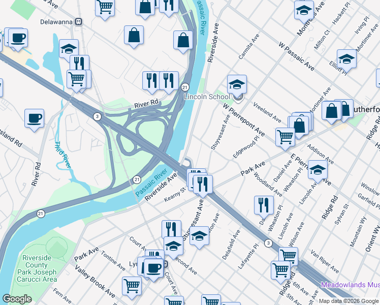 map of restaurants, bars, coffee shops, grocery stores, and more near 520 Riverside Avenue in Lyndhurst