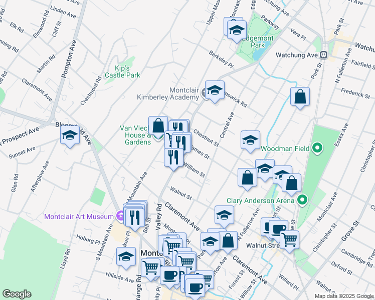 map of restaurants, bars, coffee shops, grocery stores, and more near 163 Valley Road in Montclair