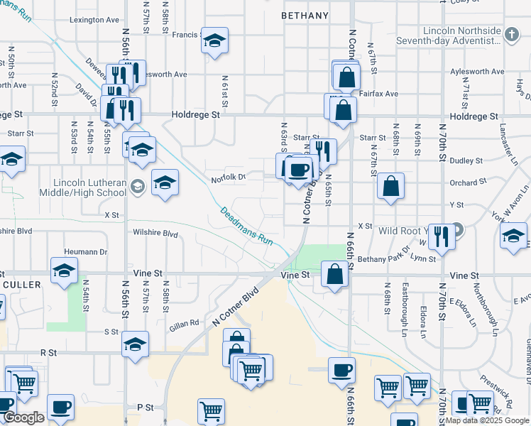 map of restaurants, bars, coffee shops, grocery stores, and more near 1025 North 63rd Street in Lincoln