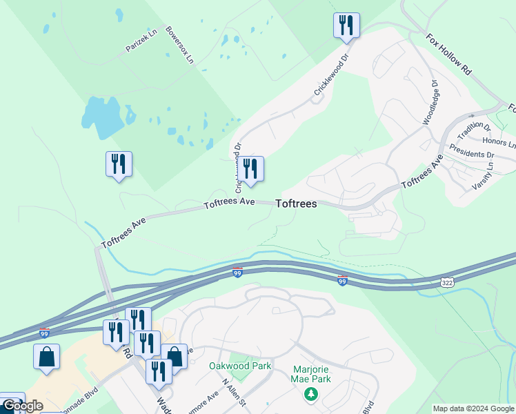 map of restaurants, bars, coffee shops, grocery stores, and more near 430 Toftrees Avenue in State College