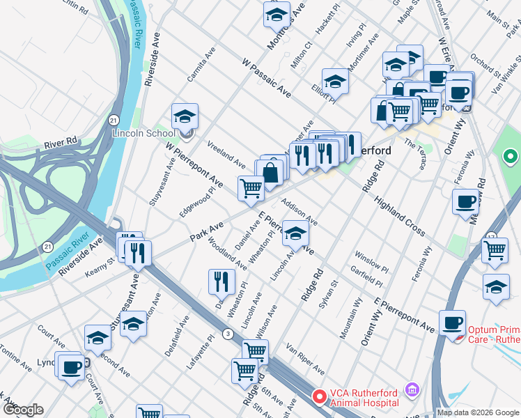 map of restaurants, bars, coffee shops, grocery stores, and more near 298 Park Avenue in Rutherford