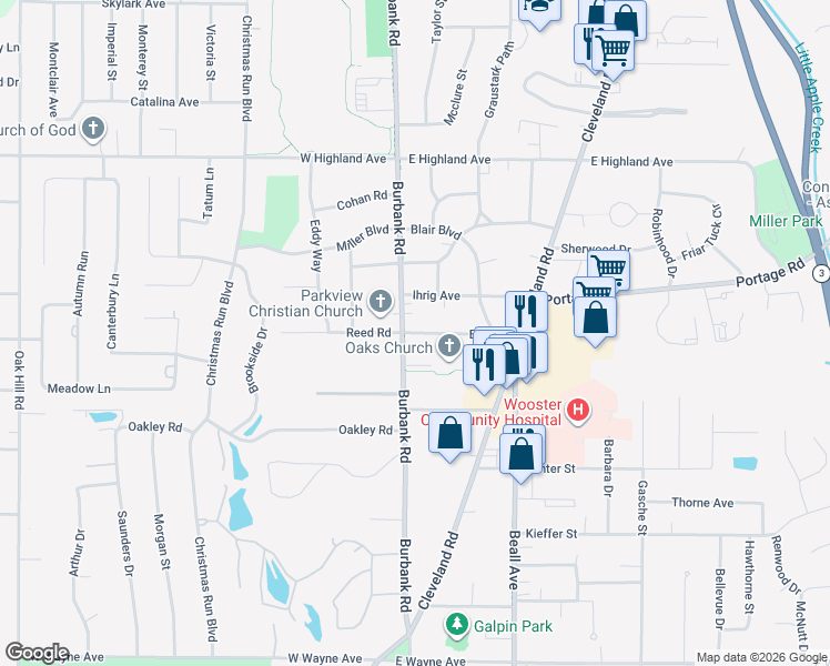 map of restaurants, bars, coffee shops, grocery stores, and more near 240 Elm Dr in Wooster