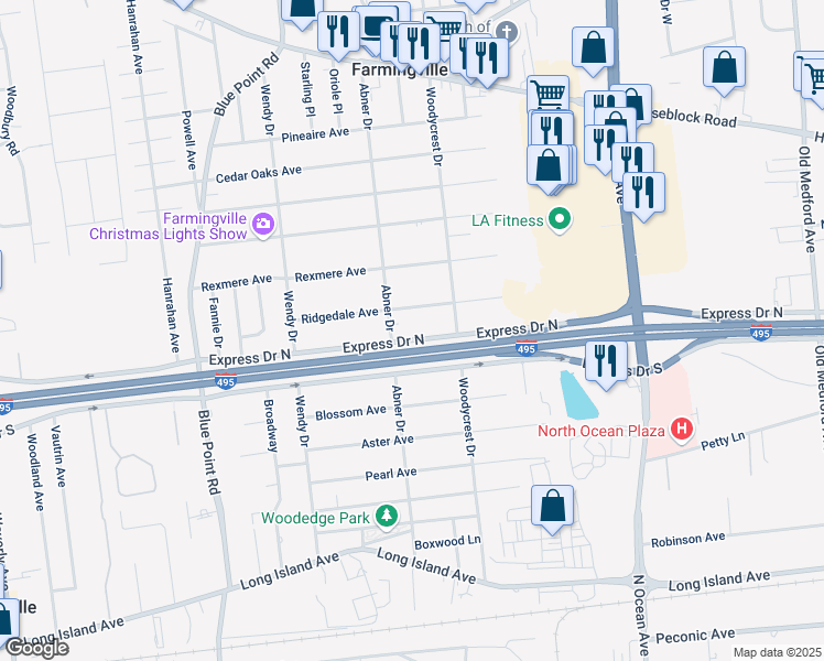 map of restaurants, bars, coffee shops, grocery stores, and more near 38 Ridgedale Avenue in Farmingville