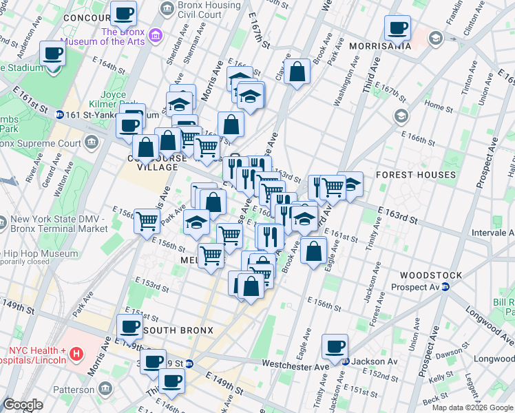 map of restaurants, bars, coffee shops, grocery stores, and more near 871 Melrose Avenue in The Bronx