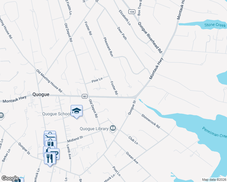 map of restaurants, bars, coffee shops, grocery stores, and more near 37 Foster Road in Quogue