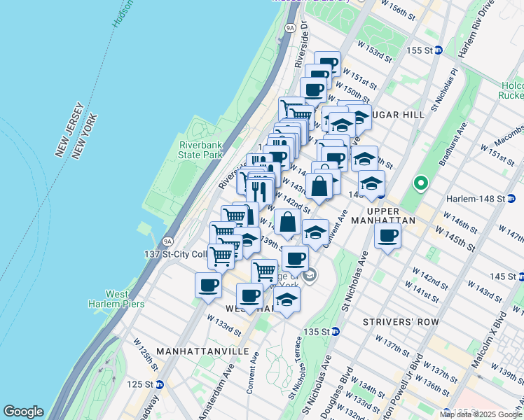 map of restaurants, bars, coffee shops, grocery stores, and more near 3450 Broadway in New York