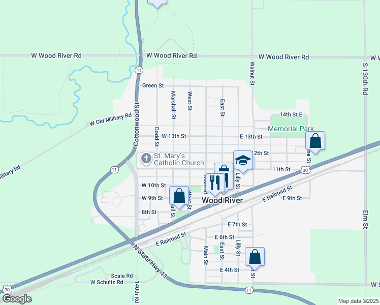 map of restaurants, bars, coffee shops, grocery stores, and more near 1201 West Street in Wood River