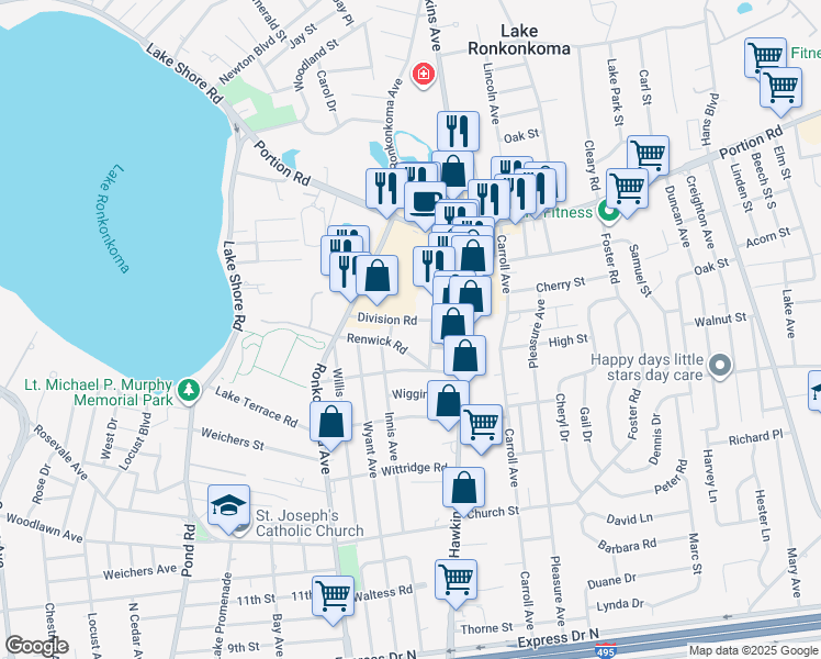 map of restaurants, bars, coffee shops, grocery stores, and more near 4 Hassam PI in Lake Ronkonkoma