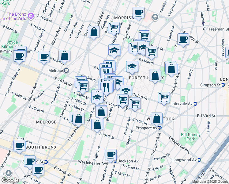 map of restaurants, bars, coffee shops, grocery stores, and more near in The Bronx