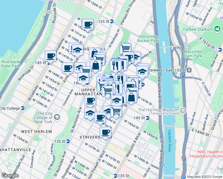 map of restaurants, bars, coffee shops, grocery stores, and more near 8th Avenue & West 146th Street in New York