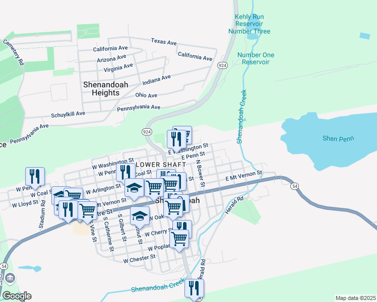 map of restaurants, bars, coffee shops, grocery stores, and more near 102 East Washington Street in Shenandoah