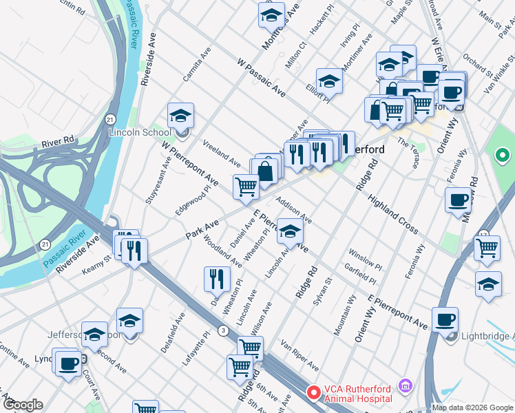 map of restaurants, bars, coffee shops, grocery stores, and more near 15 East Pierrepont Avenue in Rutherford