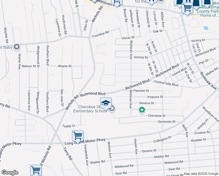 map of restaurants, bars, coffee shops, grocery stores, and more near 43 Richmond Boulevard in Ronkonkoma