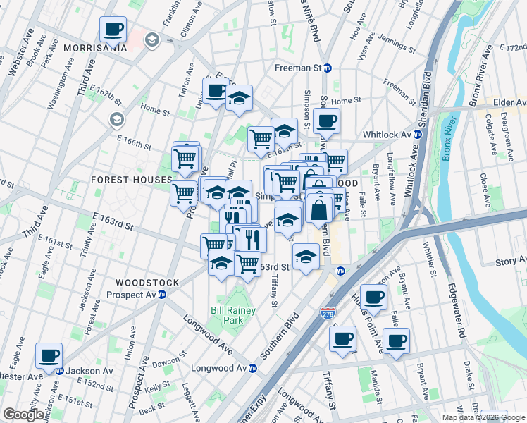 map of restaurants, bars, coffee shops, grocery stores, and more near 1021 Kelly Street in Bronx