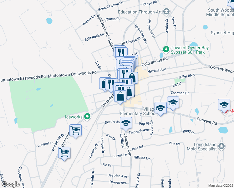map of restaurants, bars, coffee shops, grocery stores, and more near 35 Underhill Boulevard in Syosset