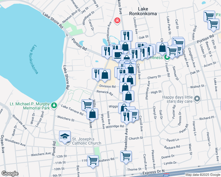 map of restaurants, bars, coffee shops, grocery stores, and more near 4 Hassam PI in Lake Ronkonkoma