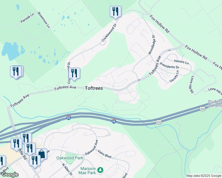 map of restaurants, bars, coffee shops, grocery stores, and more near 799 Toftrees Avenue in State College