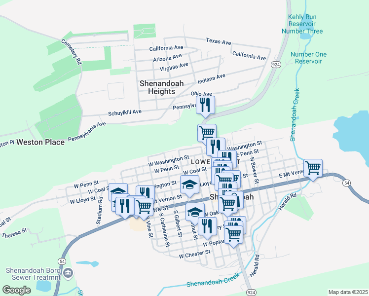map of restaurants, bars, coffee shops, grocery stores, and more near 149 West Girard Avenue in Shenandoah