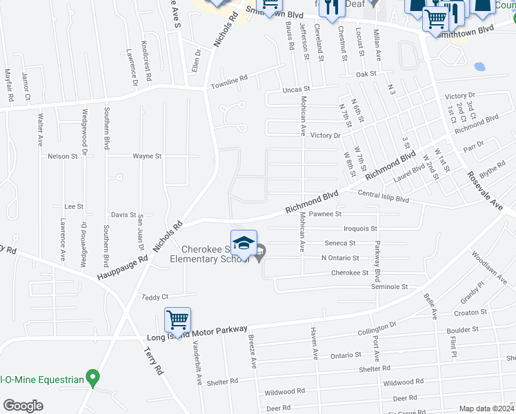 map of restaurants, bars, coffee shops, grocery stores, and more near 51 Richmond Boulevard in Ronkonkoma