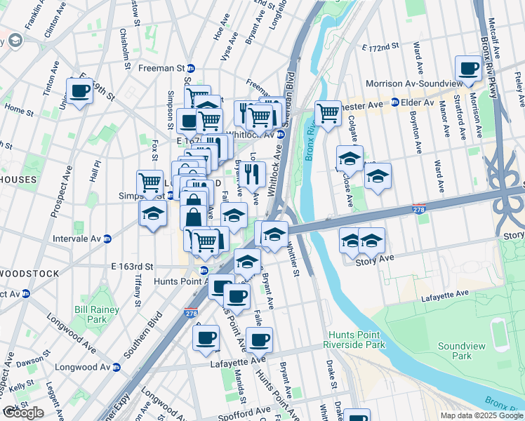 map of restaurants, bars, coffee shops, grocery stores, and more near 1125C Whitlock Avenue in Bronx