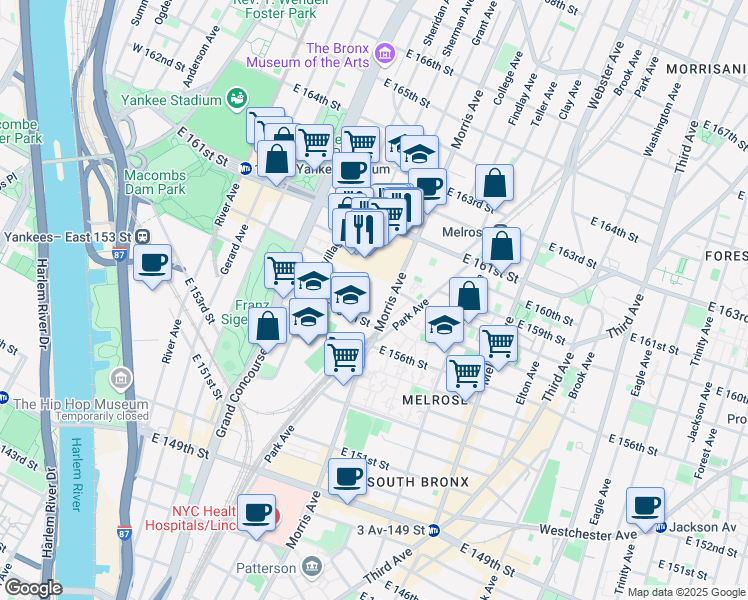 map of restaurants, bars, coffee shops, grocery stores, and more near 779 Concourse Village East in The Bronx