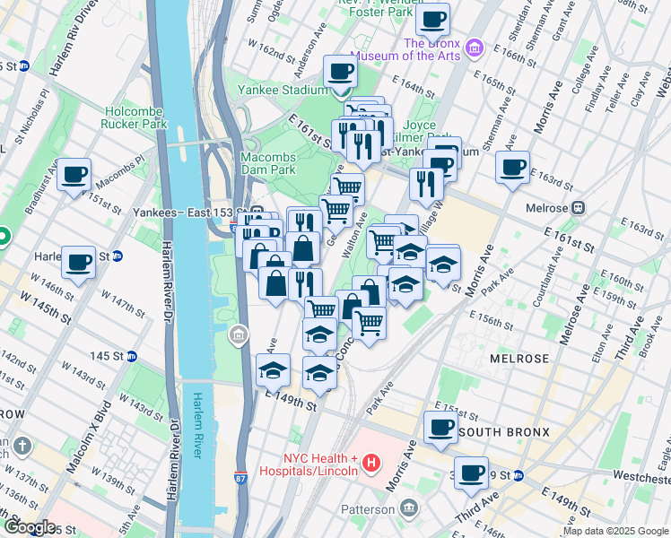 map of restaurants, bars, coffee shops, grocery stores, and more near 721 Walton Avenue in Bronx