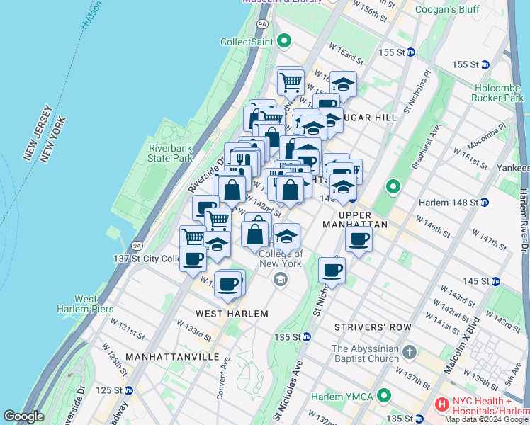 map of restaurants, bars, coffee shops, grocery stores, and more near 511 West 142nd Street in New York