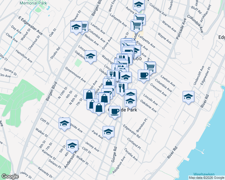 map of restaurants, bars, coffee shops, grocery stores, and more near 575 Anderson Avenue in Cliffside Park