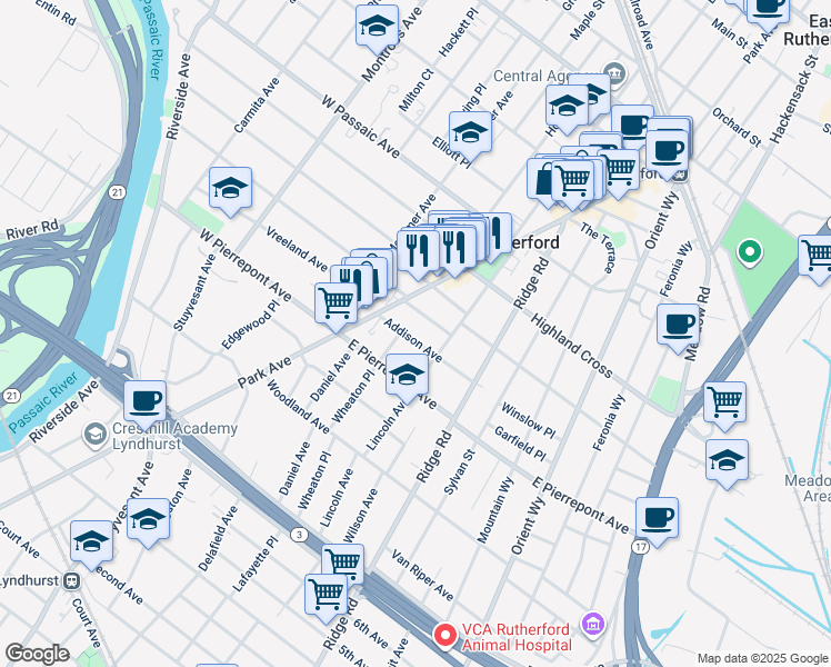 map of restaurants, bars, coffee shops, grocery stores, and more near 31 East Newell Avenue in Rutherford