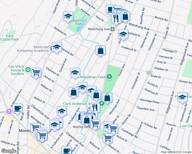 map of restaurants, bars, coffee shops, grocery stores, and more near 226 North Fullerton Avenue in Montclair