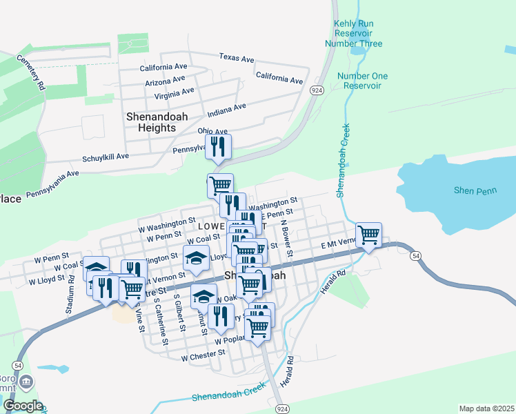 map of restaurants, bars, coffee shops, grocery stores, and more near 101 East Washington Street in Shenandoah