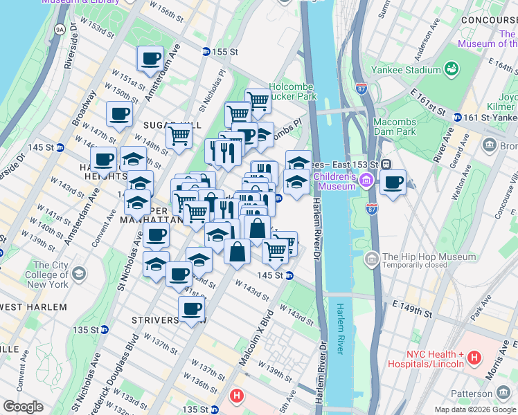 map of restaurants, bars, coffee shops, grocery stores, and more near 2554 7th Avenue in New York
