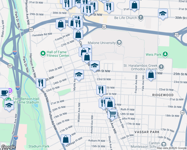 map of restaurants, bars, coffee shops, grocery stores, and more near 2413 Cleveland Avenue Northwest in Canton