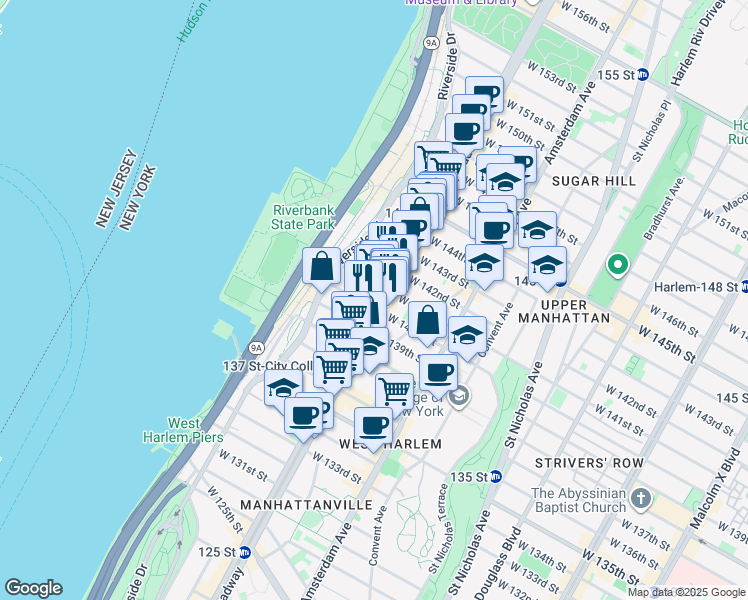 map of restaurants, bars, coffee shops, grocery stores, and more near in New York