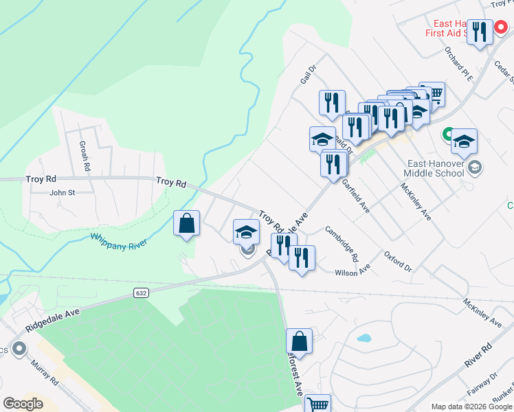 map of restaurants, bars, coffee shops, grocery stores, and more near 29 Troy Road in East Hanover