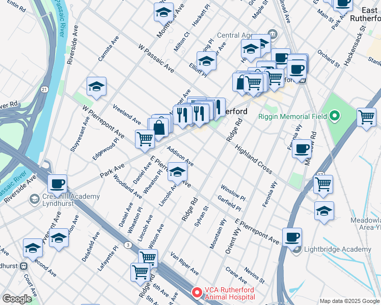 map of restaurants, bars, coffee shops, grocery stores, and more near 36 East Newell Avenue in Rutherford