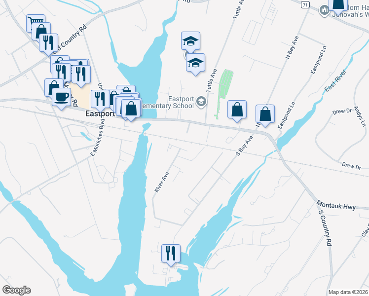 map of restaurants, bars, coffee shops, grocery stores, and more near 10 River Avenue in Eastport