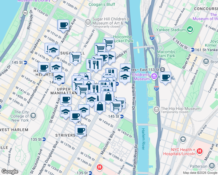 map of restaurants, bars, coffee shops, grocery stores, and more near 200 West 148th Street in New York