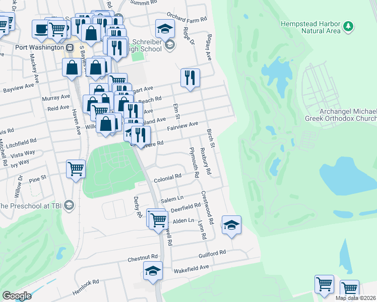 map of restaurants, bars, coffee shops, grocery stores, and more near 22 Andover Road in Port Washington