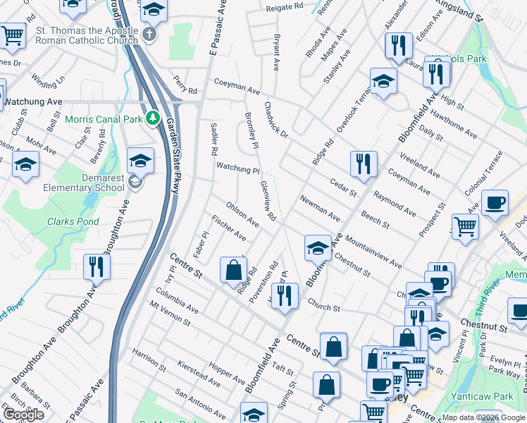 map of restaurants, bars, coffee shops, grocery stores, and more near 25 Glenview Road in Nutley
