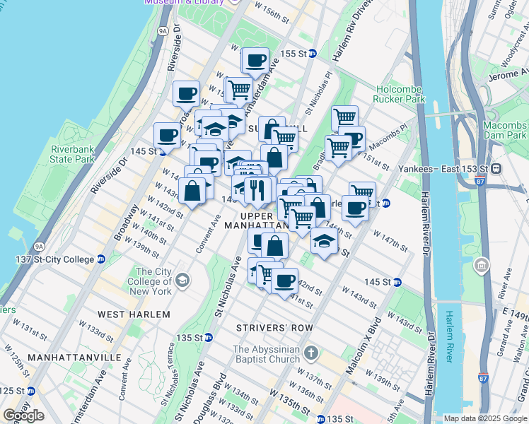 map of restaurants, bars, coffee shops, grocery stores, and more near in New York
